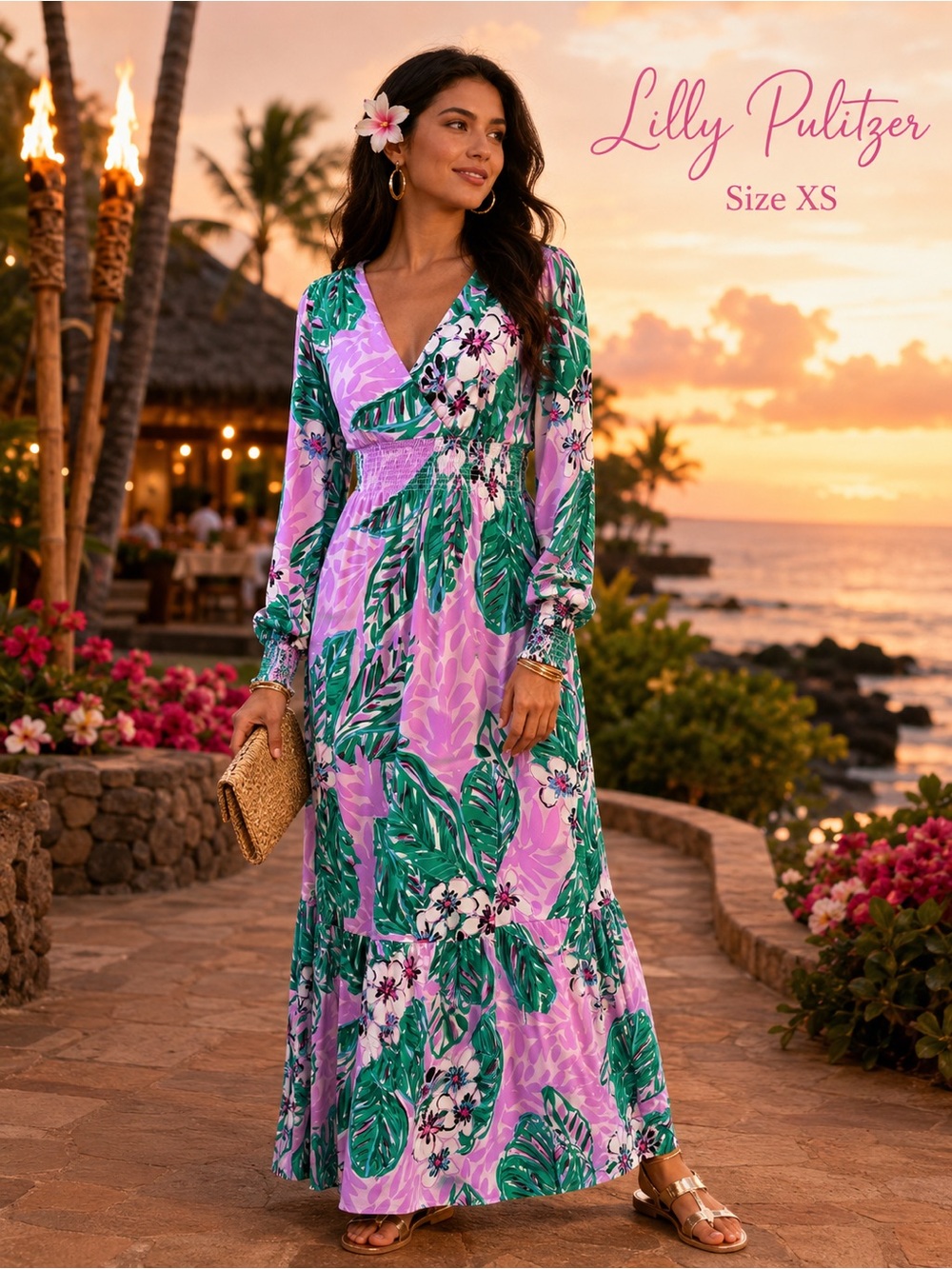 Lilly Pulitzer Martinique Tropical Floral Long Sleeve Maxi Dress XS